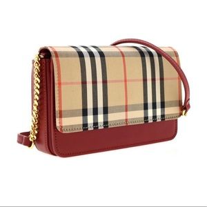 New BURBERRY Hayes Vintage Check Red Leather Shoulder Bag